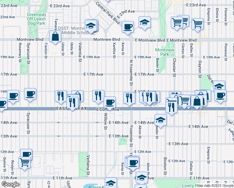map of restaurants, bars, coffee shops, grocery stores, and more near 1535 Xenia Street in Denver