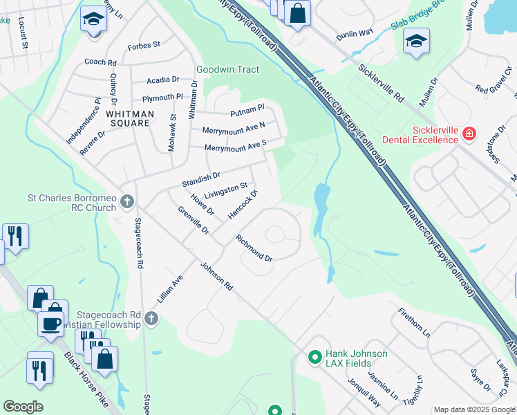 map of restaurants, bars, coffee shops, grocery stores, and more near 830 Richmond Drive in Sicklerville