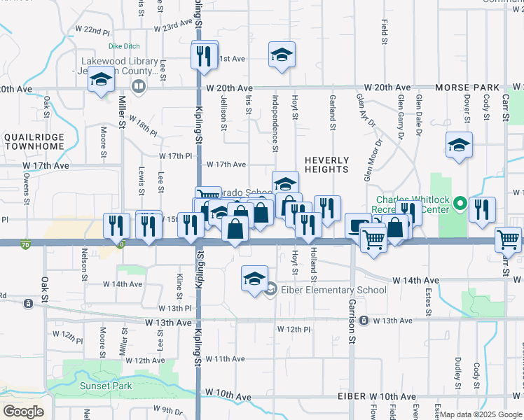 map of restaurants, bars, coffee shops, grocery stores, and more near 9655 West 15th Place in Lakewood