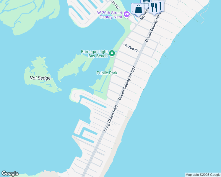 map of restaurants, bars, coffee shops, grocery stores, and more near 2810 Bayview Avenue in Barnegat Light
