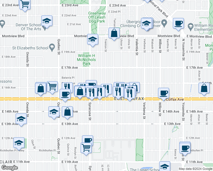map of restaurants, bars, coffee shops, grocery stores, and more near 1582 Trenton Street in Denver