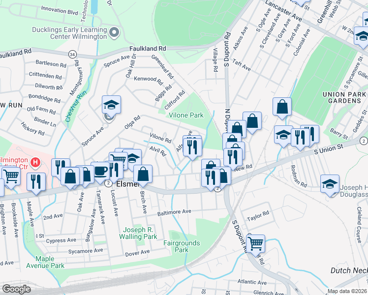 map of restaurants, bars, coffee shops, grocery stores, and more near 5 Vilone Road in Wilmington