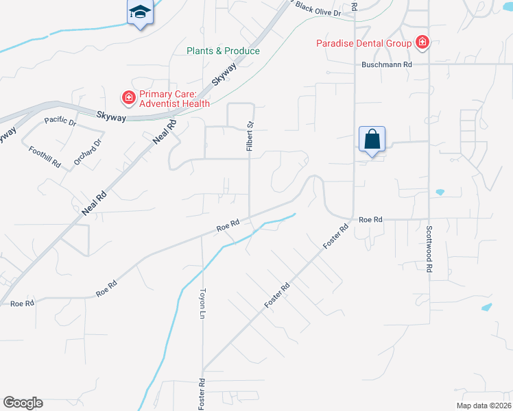 map of restaurants, bars, coffee shops, grocery stores, and more near 5291 Filbert Court in Paradise