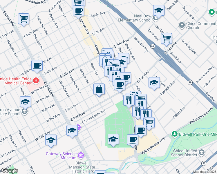 map of restaurants, bars, coffee shops, grocery stores, and more near 560 East 1st Avenue in Chico