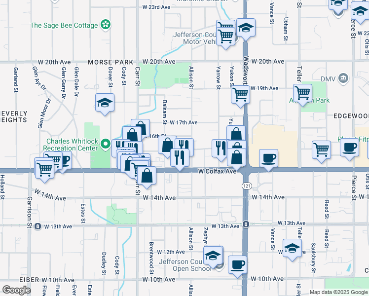 map of restaurants, bars, coffee shops, grocery stores, and more near 8055 West Colfax Avenue in Lakewood