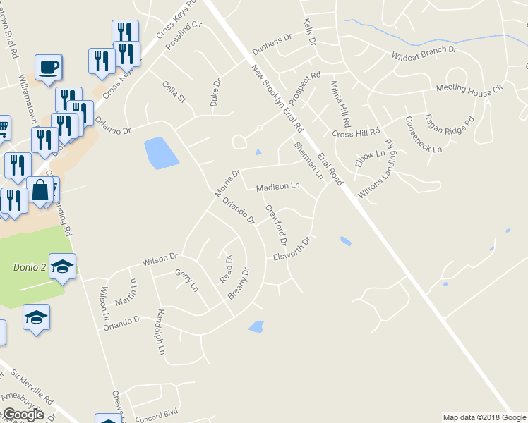 map of restaurants, bars, coffee shops, grocery stores, and more near 12 Crawford Drive in Winslow Township
