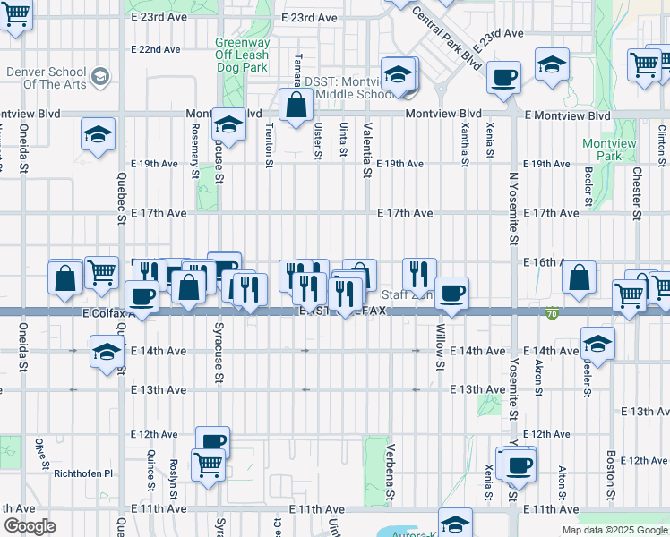 map of restaurants, bars, coffee shops, grocery stores, and more near 1575 Uinta Street in Denver