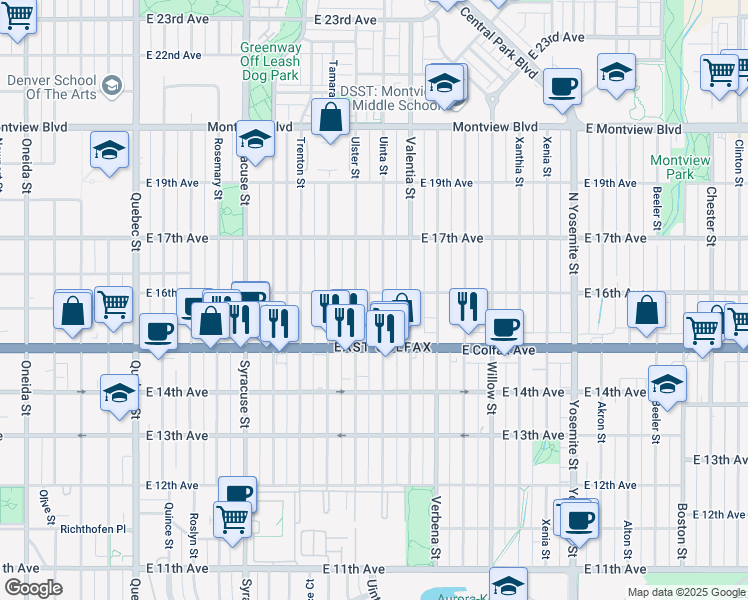 map of restaurants, bars, coffee shops, grocery stores, and more near 1575 Uinta Street in Denver