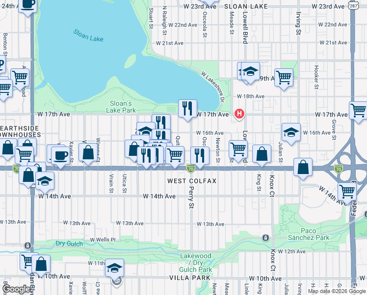 map of restaurants, bars, coffee shops, grocery stores, and more near 1524 Quitman Street in Denver