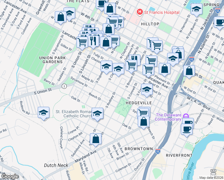 map of restaurants, bars, coffee shops, grocery stores, and more near 404 South Clayton Street in Wilmington