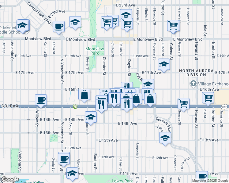 map of restaurants, bars, coffee shops, grocery stores, and more near 1630 Clinton Street in Aurora