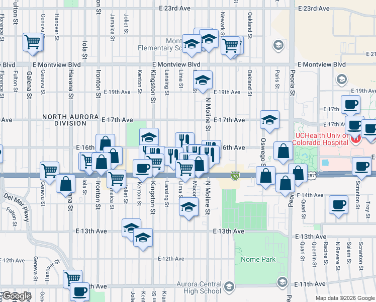 map of restaurants, bars, coffee shops, grocery stores, and more near 1616 Lima Street in Aurora