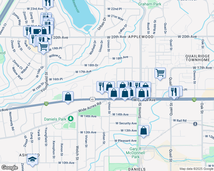 map of restaurants, bars, coffee shops, grocery stores, and more near 1680 Urban Street in Lakewood