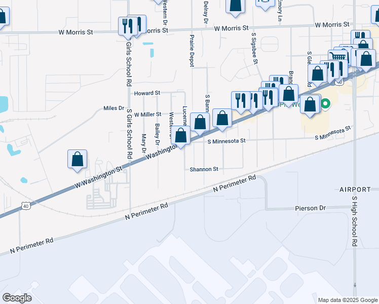 map of restaurants, bars, coffee shops, grocery stores, and more near 7000 West Washington Street in Indianapolis
