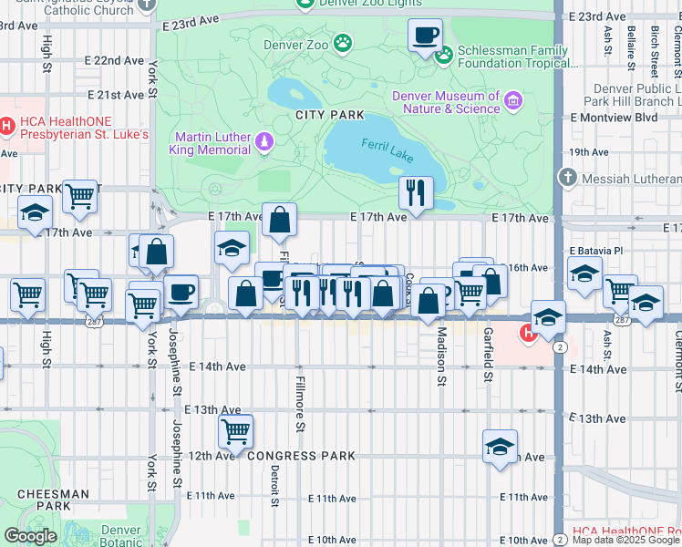 map of restaurants, bars, coffee shops, grocery stores, and more near 1623 Steele Street in Denver