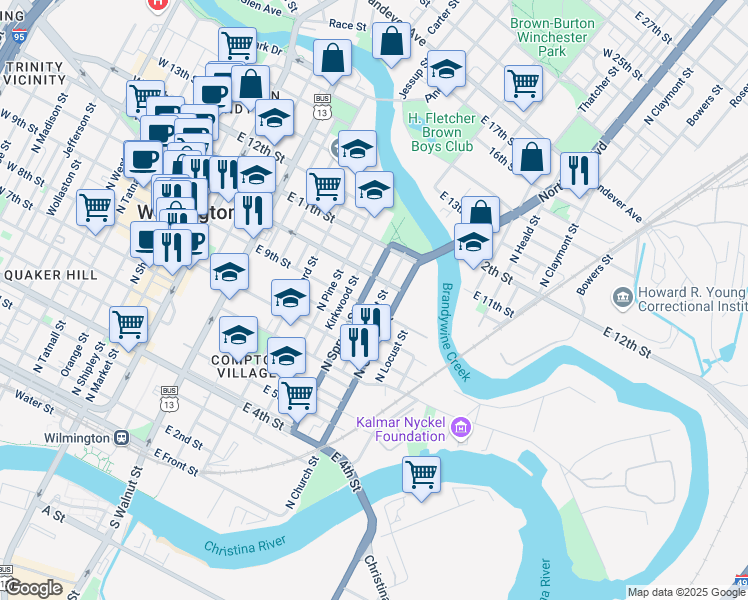 map of restaurants, bars, coffee shops, grocery stores, and more near 711 East 10th Street in Wilmington