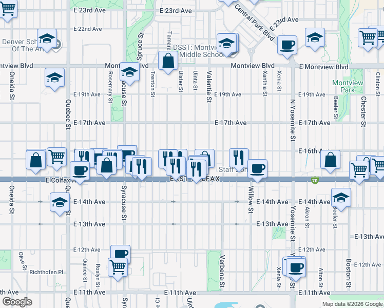 map of restaurants, bars, coffee shops, grocery stores, and more near 1585 Uinta Street in Denver