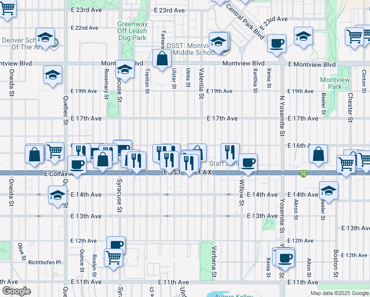 map of restaurants, bars, coffee shops, grocery stores, and more near 1585 Uinta Street in Denver