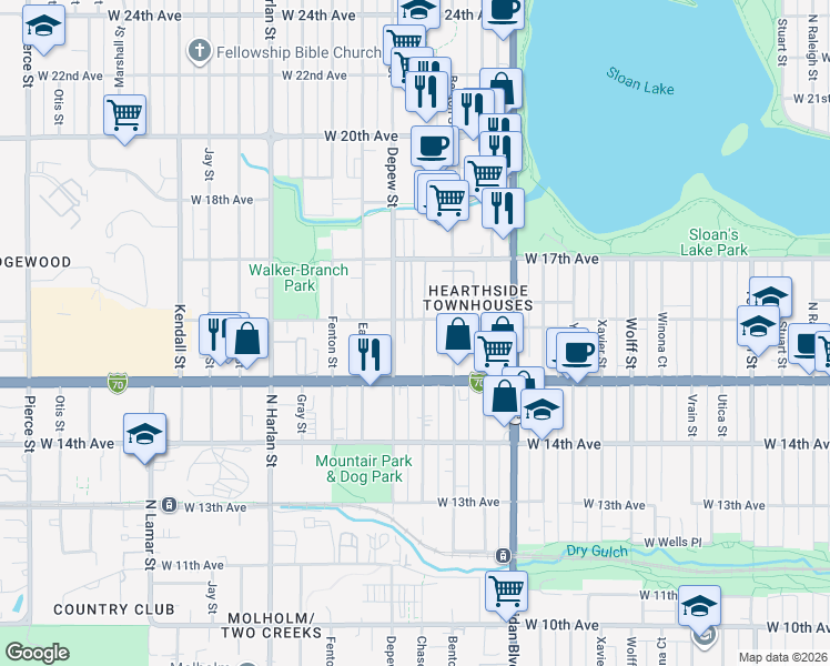 map of restaurants, bars, coffee shops, grocery stores, and more near 5555 West 16th Avenue in Lakewood