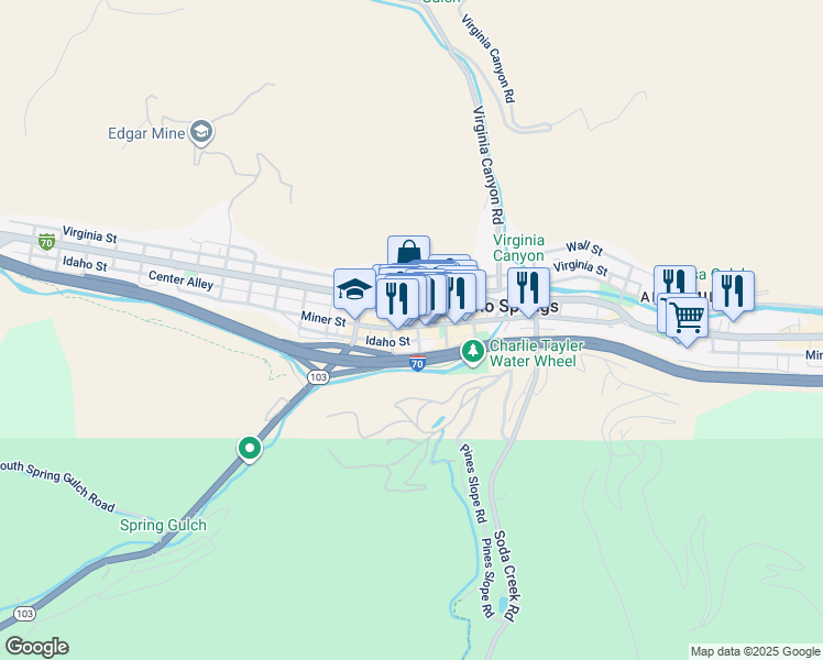map of restaurants, bars, coffee shops, grocery stores, and more near 1441 Miner Street in Idaho Springs