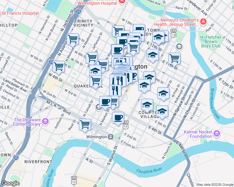 map of restaurants, bars, coffee shops, grocery stores, and more near 617 North Shipley Street in Wilmington