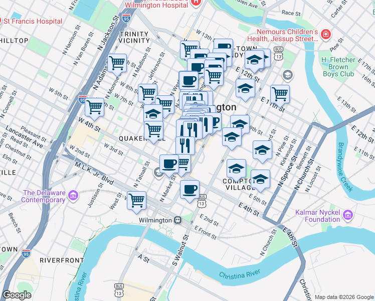 map of restaurants, bars, coffee shops, grocery stores, and more near 519 North Market Street in Wilmington