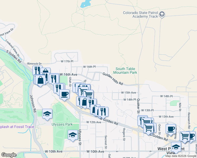 map of restaurants, bars, coffee shops, grocery stores, and more near 1603 Secrest Street in Golden