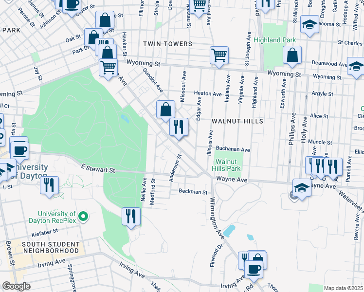 map of restaurants, bars, coffee shops, grocery stores, and more near 2040 Wayne Avenue in Dayton