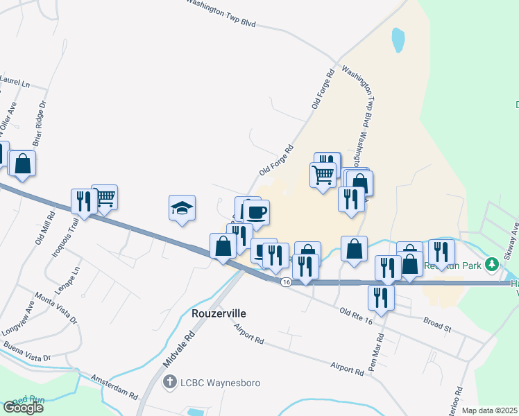 map of restaurants, bars, coffee shops, grocery stores, and more near 12951 Washington Township Boulevard in Waynesboro
