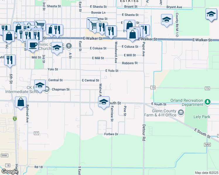 map of restaurants, bars, coffee shops, grocery stores, and more near 45 Fair Court in Orland