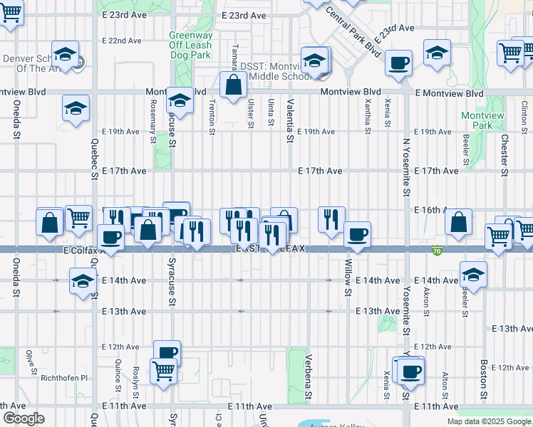 map of restaurants, bars, coffee shops, grocery stores, and more near 1591 Uinta Street in Denver