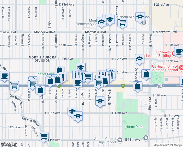 map of restaurants, bars, coffee shops, grocery stores, and more near 1624 Lansing Street in Aurora