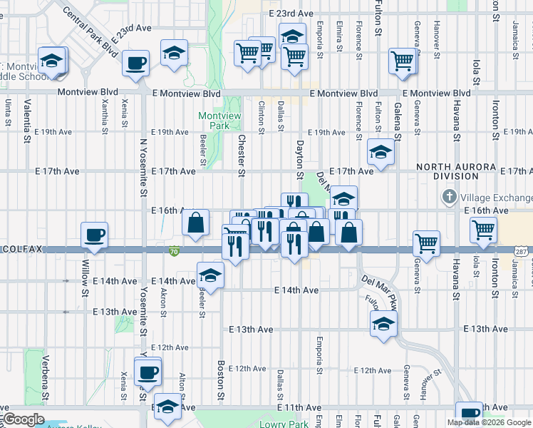 map of restaurants, bars, coffee shops, grocery stores, and more near 1630 Clinton Street in Aurora