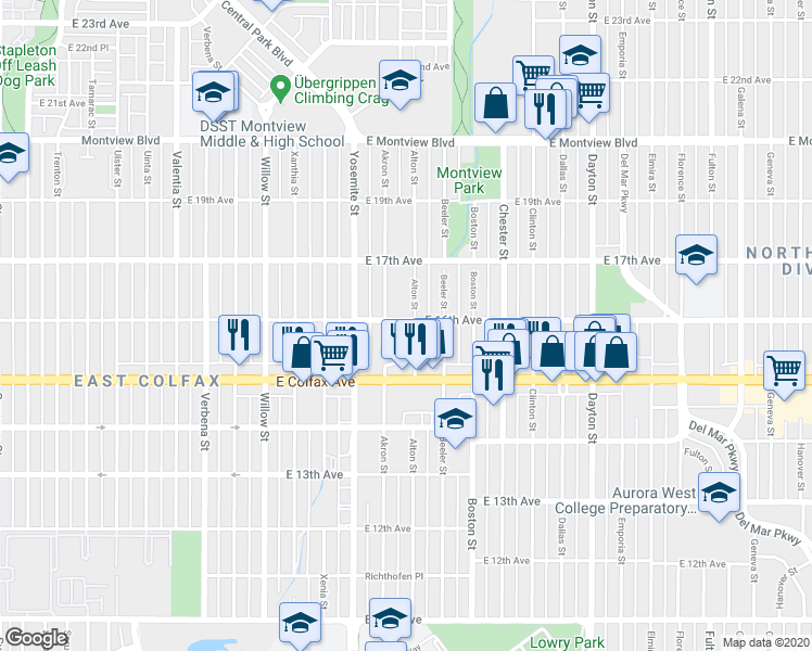 map of restaurants, bars, coffee shops, grocery stores, and more near in Aurora
