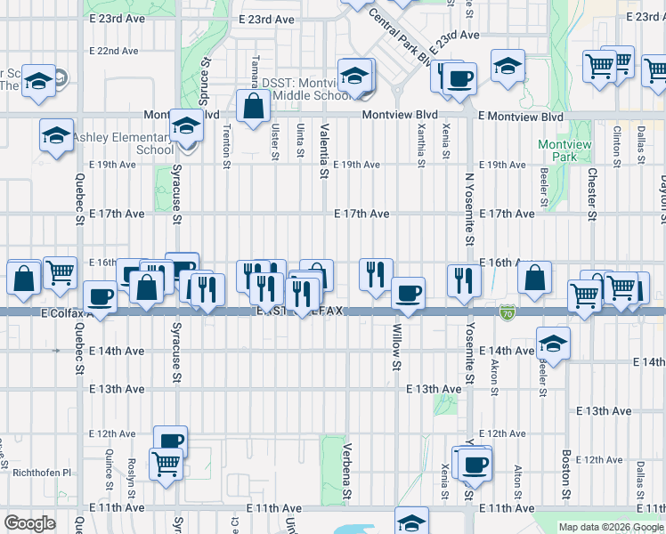 map of restaurants, bars, coffee shops, grocery stores, and more near 1629 Valentia Street in Denver