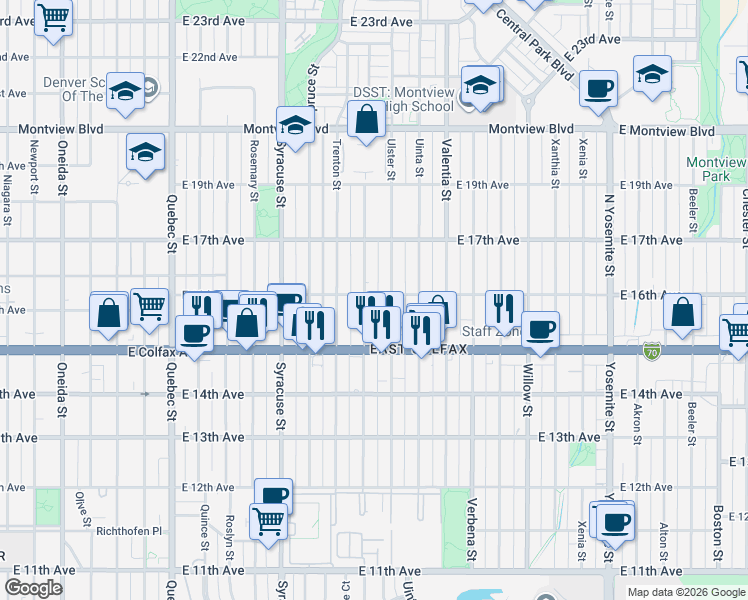 map of restaurants, bars, coffee shops, grocery stores, and more near 1626 Tamarac Street in Denver