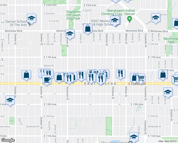 map of restaurants, bars, coffee shops, grocery stores, and more near 1626 Tamarac Street in Denver
