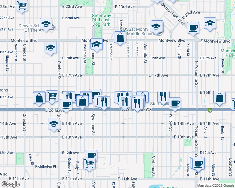 map of restaurants, bars, coffee shops, grocery stores, and more near 1626 Tamarac Street in Denver