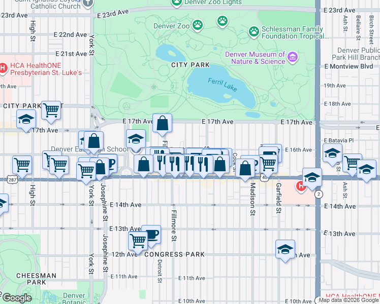 map of restaurants, bars, coffee shops, grocery stores, and more near in Denver