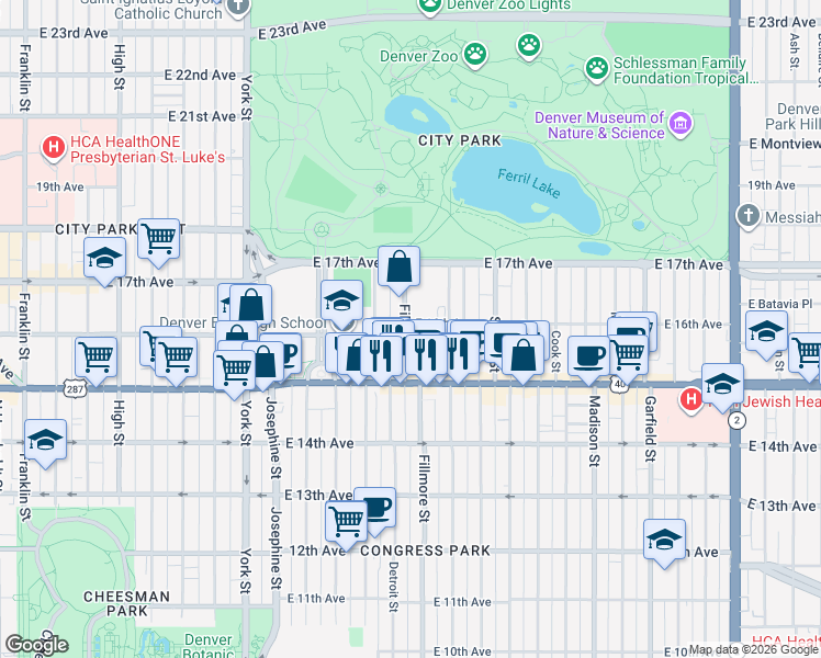 map of restaurants, bars, coffee shops, grocery stores, and more near 1633 Fillmore Street in Denver