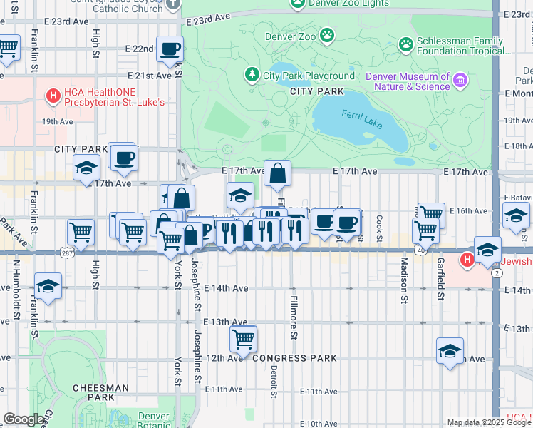 map of restaurants, bars, coffee shops, grocery stores, and more near 1620 Detroit Street in Denver
