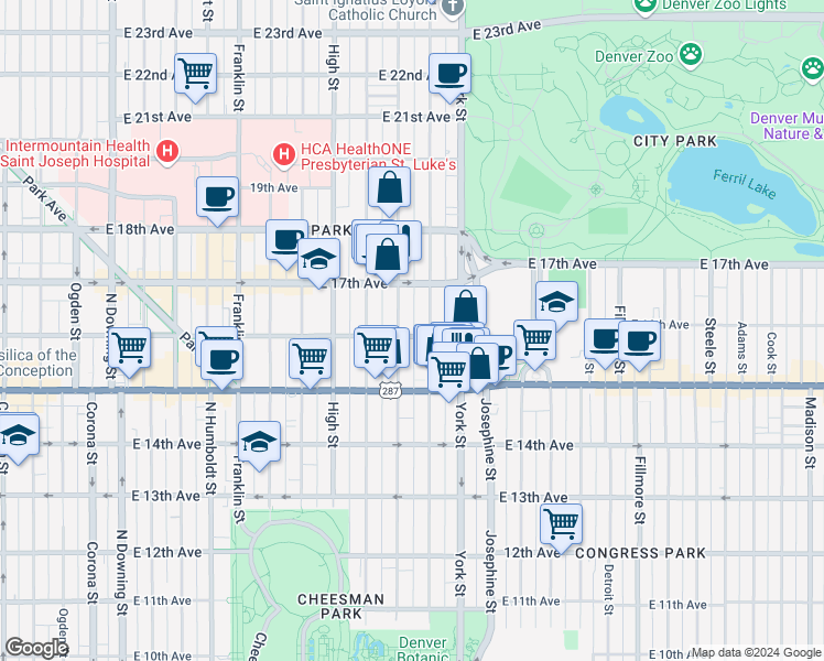 map of restaurants, bars, coffee shops, grocery stores, and more near 1652 North Gaylord Street in Denver