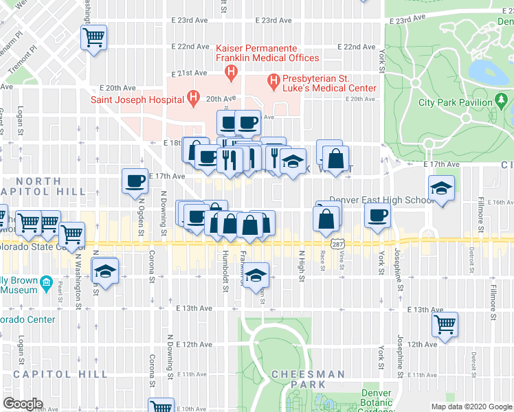 map of restaurants, bars, coffee shops, grocery stores, and more near 1644 Gilpin Street in Denver