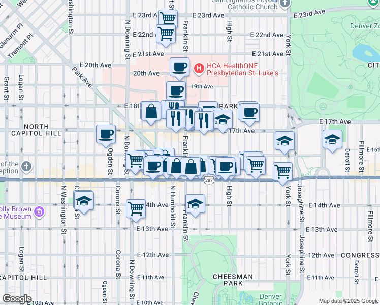 map of restaurants, bars, coffee shops, grocery stores, and more near 1645 Franklin Street in Denver