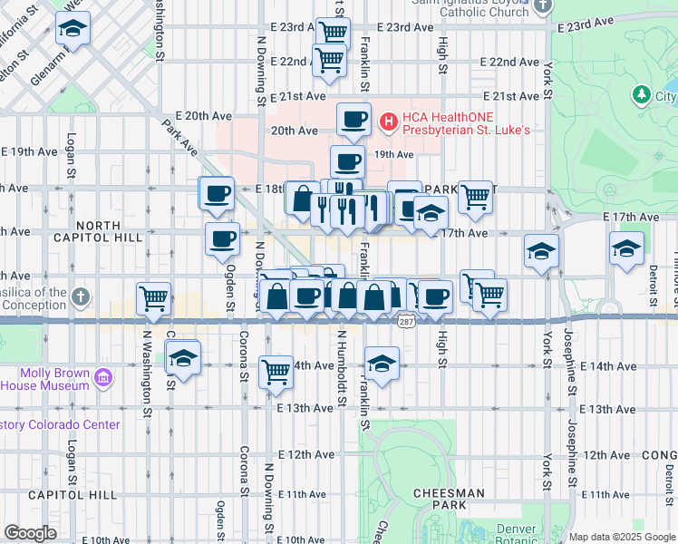 map of restaurants, bars, coffee shops, grocery stores, and more near in Denver