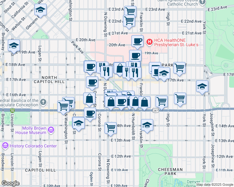 map of restaurants, bars, coffee shops, grocery stores, and more near 1655 North Lafayette Street in Denver