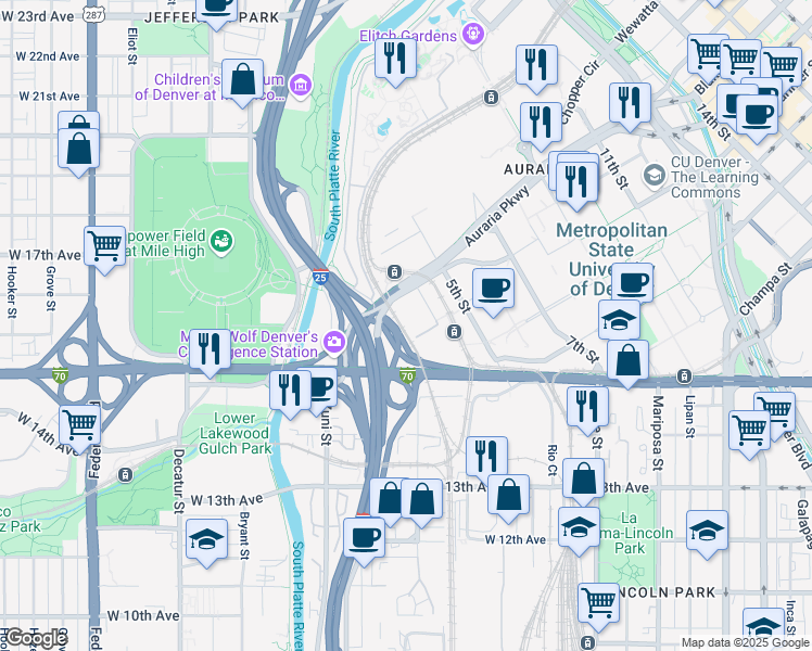 map of restaurants, bars, coffee shops, grocery stores, and more near 319 Walnut Street in Denver