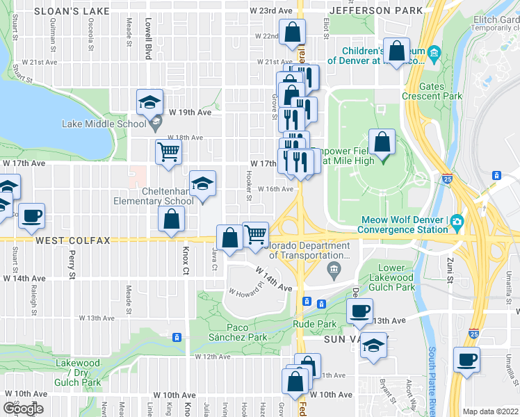 map of restaurants, bars, coffee shops, grocery stores, and more near 1593 Grove Street in Denver