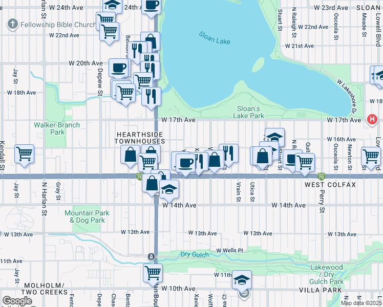 map of restaurants, bars, coffee shops, grocery stores, and more near 1625 Yates Street in Denver