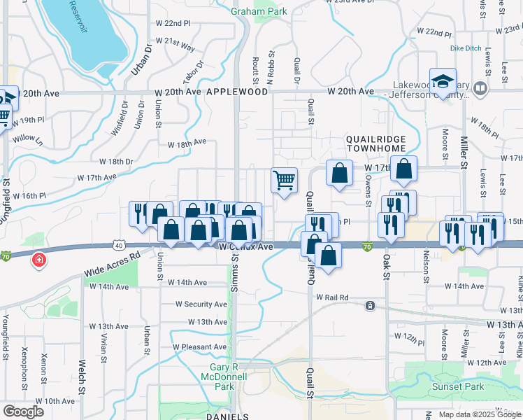 map of restaurants, bars, coffee shops, grocery stores, and more near 1633 North Robb Street in Lakewood